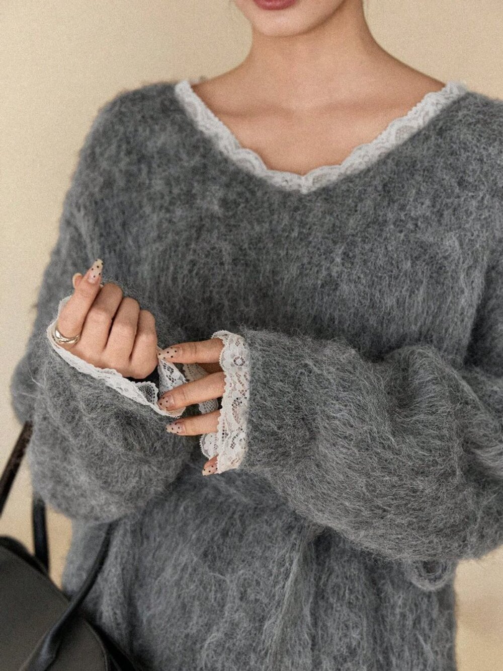 Grey Casual Women's V-Neck Long Sleeve Loose Fuzzy Sweater - Picture 6 of 9